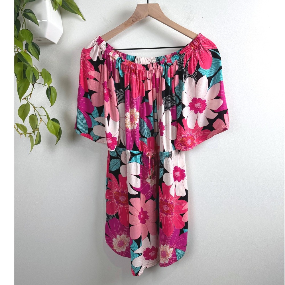 La Blanca Tropical Floral Off Shoulder Swim Cover Up Tunic Dress Pink XS Resort